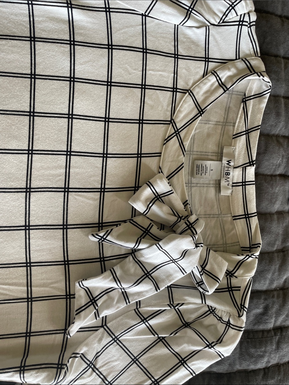 White and Black Windowpane Tie-Neck Shirt